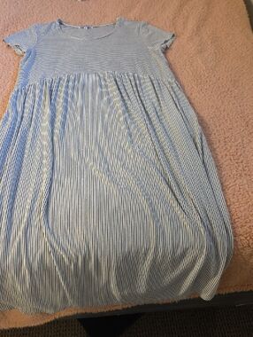 Striped Blue and White Midi Dress - Casual Short Sleeve
